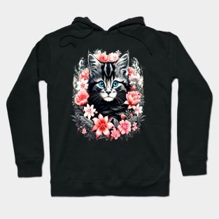 Black and Grey Kitten Surrounded by Spring Flowers Hoodie